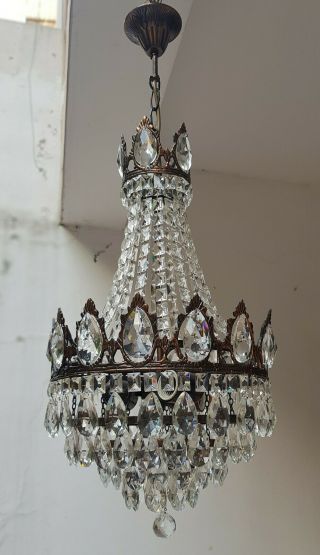 Antique Vintage Brass & Crystals French Chandelier Lighting Ceiling Lamp Light 2