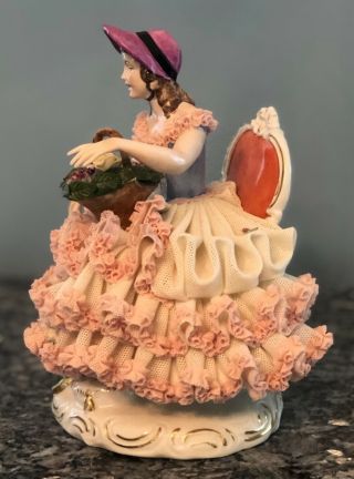 Dresden Lace Porcelain Lady Sitting In a Chair with a Basket of Flowers 2