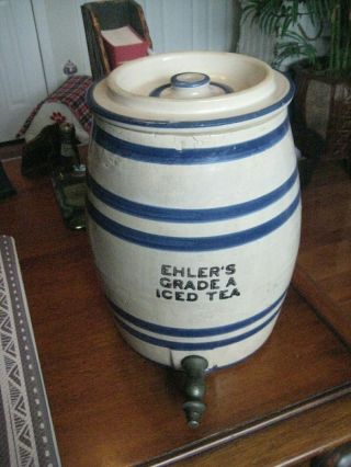 Antique/Vintage Blue/White Stoneware Ice Tea Cooler Rare EHLER ' S ICED TEA 12