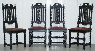 Four Victorian Carved Oak Dining Chairs Leather Upholstery Gothic Part Suite