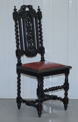 FOUR VICTORIAN CARVED OAK DINING CHAIRS LEATHER UPHOLSTERY GOTHIC PART SUITE 2