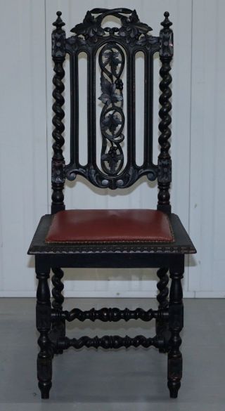 FOUR VICTORIAN CARVED OAK DINING CHAIRS LEATHER UPHOLSTERY GOTHIC PART SUITE 3