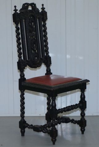 FOUR VICTORIAN CARVED OAK DINING CHAIRS LEATHER UPHOLSTERY GOTHIC PART SUITE 8
