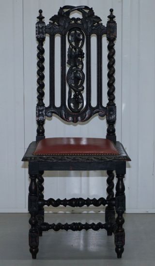 FOUR VICTORIAN CARVED OAK DINING CHAIRS LEATHER UPHOLSTERY GOTHIC PART SUITE 9