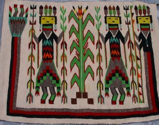 Old Navajo Yei Rug Native American Hand Woven Wool Textile With Corn 33 " X 39 "
