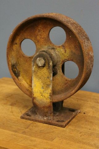 Vintage Cast Iron Wheel Pulley 8 " Industrial Caster 4 Hole Steampunk Factory Old