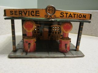 Vintage Marx Tin Litho Service Station With Gas Pumps