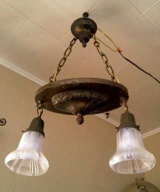 Antique Vintage 2 Light Hanging Ceiling Fixture Chandelier,  Glass Shades