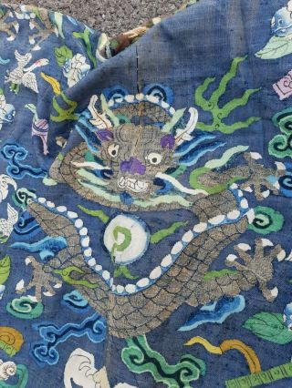 A antique embroidered blue silk Chinese robe dragon 11