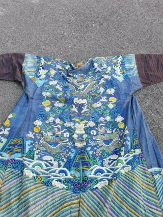 A Antique Embroidered Blue Silk Chinese Robe Dragon