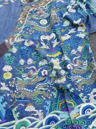 A antique embroidered blue silk Chinese robe dragon 4