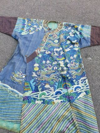 A antique embroidered blue silk Chinese robe dragon 6