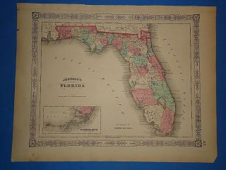 Vintage 1865 Florida Map Old Antique Johnson Atlas 20419