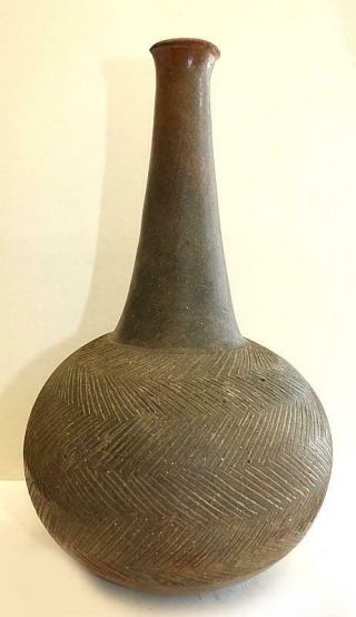 Mississippian Pottery Bottle - Scratched Chevron Decoration - Ca 1100ce - Caddo?