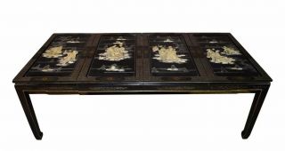 Hand Painted Asian Style Dining Table W/shell Carvings & Two Leaves