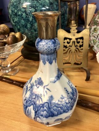 Unusual Large 19th C Antique Chinese Porcelain Blue & White Vase Bottle W Silver