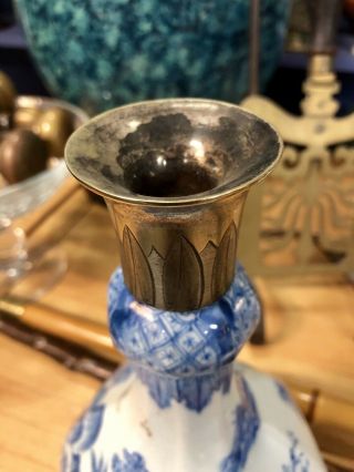Unusual Large 19th c Antique Chinese Porcelain Blue & White Vase Bottle w Silver 3