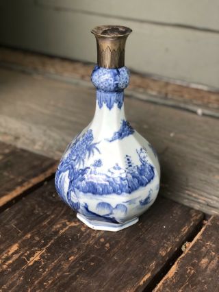 Unusual Large 19th c Antique Chinese Porcelain Blue & White Vase Bottle w Silver 4