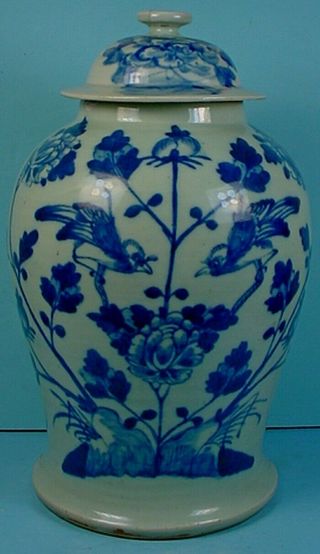 Late 19th Century Chinese Blue & White Porcelain Celadon Glazed Temple Jar