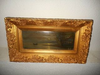 Antique Oil Painting,  Coast Landscape With A Full Moon,  Is Signed,  19th Century