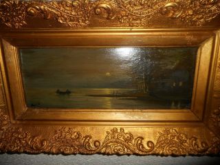 Antique oil painting,  Coast landscape with a full moon,  is signed,  19th century 3