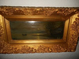 Antique oil painting,  Coast landscape with a full moon,  is signed,  19th century 6