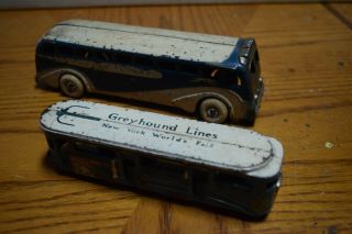 1939 CAST IRON YORK WORLDS FAIR GREYHOUND TOURING BUS & TROLLEY ARCADE TOY C 2