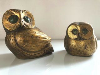 Vintage Mid - Century Modern Owl Pair Figurine Gold Mcm Kitsch Retro Art Pottery