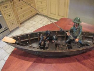 Rare & HTF Fishing Boat & Fisherman Statue W/ 5 Fish,  Bucket,  Rods,  Reels,  Dog 11