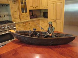 Rare & HTF Fishing Boat & Fisherman Statue W/ 5 Fish,  Bucket,  Rods,  Reels,  Dog 12