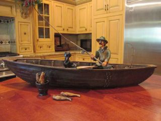 Rare & Htf Fishing Boat & Fisherman Statue W/ 5 Fish,  Bucket,  Rods,  Reels,  Dog
