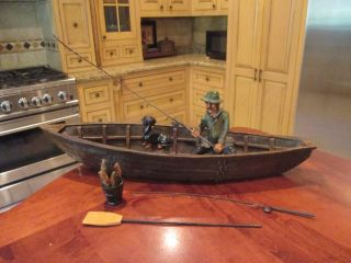 Rare & HTF Fishing Boat & Fisherman Statue W/ 5 Fish,  Bucket,  Rods,  Reels,  Dog 2