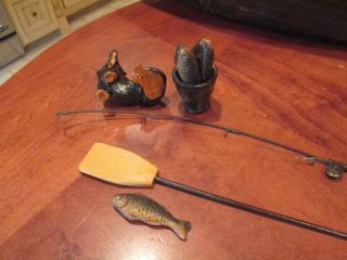 Rare & HTF Fishing Boat & Fisherman Statue W/ 5 Fish,  Bucket,  Rods,  Reels,  Dog 4