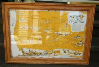 Antique Oregon Trail Map 1948 Wagon Trains,  Conestogas,  Gold Rush OAK FRAME 3