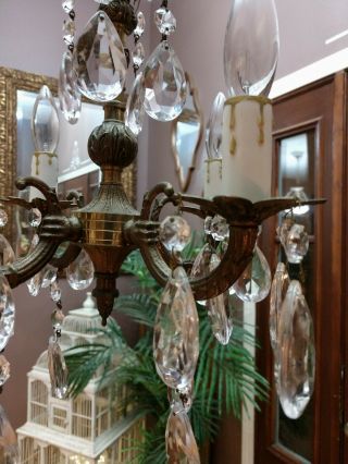 Vtg ornate brass SPANISH Petite 4 LT.  CRYSTAL CHANDELIER 12 