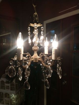 Vtg ornate brass SPANISH Petite 4 LT.  CRYSTAL CHANDELIER 12 