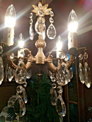 Vtg ornate brass SPANISH Petite 4 LT.  CRYSTAL CHANDELIER 12 