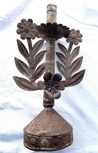 Antique Mexican Tin Floral Candle Holder