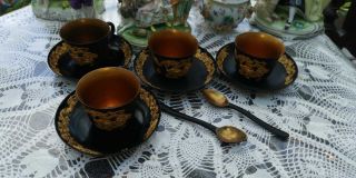 4x Chinese/japanese Black Lacquer Cups Saucer & 2x Spoons With Gold Dragon Inlay