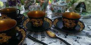 4x CHINESE/JAPANESE BLACK LACQUER CUPS SAUCER & 2x SPOONS WITH GOLD DRAGON INLAY 3