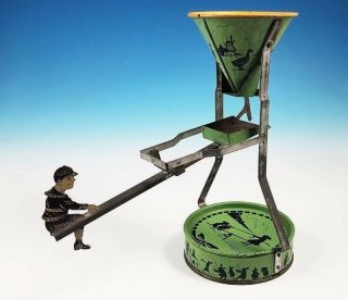 Antique Wolverine Tin Litho Sandy Andy See - Saw No.  61 Sand Toy Green Circa 1925