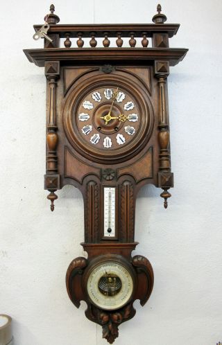 Antique Big Wall Clock French Clock Walnut Henry Ii 1880th Century,  Barometer