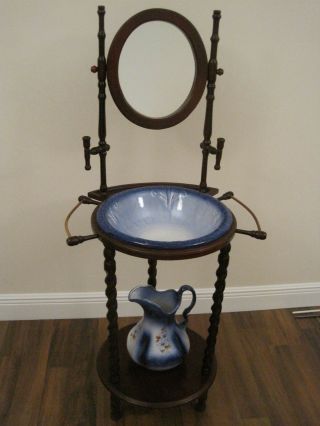 ANTIQUE WOODEN WASH BASIN STAND WITH MIRROR & ATHENA USA WATER PITCHER 5