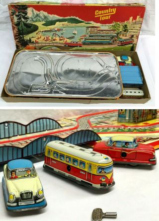 1950s Country Tour German Tin Litho Toy Cond Wind - Up Cars Technofix 301