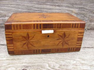 Antique 19thc Miniature Dresser Box Inlay Compass Star Design W/ivory Lock