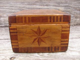 ANTIQUE 19thC MINIATURE DRESSER BOX INLAY COMPASS STAR DESIGN w/IVORY LOCK 6