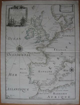 1677 Du Val - Sea Chart Scandinavia British Isles France Spain Portugal Barbary