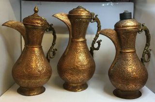 Trio Of Antique Copper Middle Eastern Islamic Dallah / Arabic Coffee Pot / Ewers