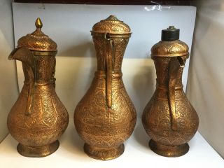 Trio Of Antique Copper Middle Eastern Islamic Dallah / Arabic Coffee Pot / Ewers 2