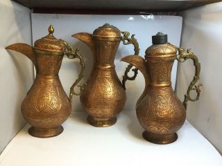 Trio Of Antique Copper Middle Eastern Islamic Dallah / Arabic Coffee Pot / Ewers 3